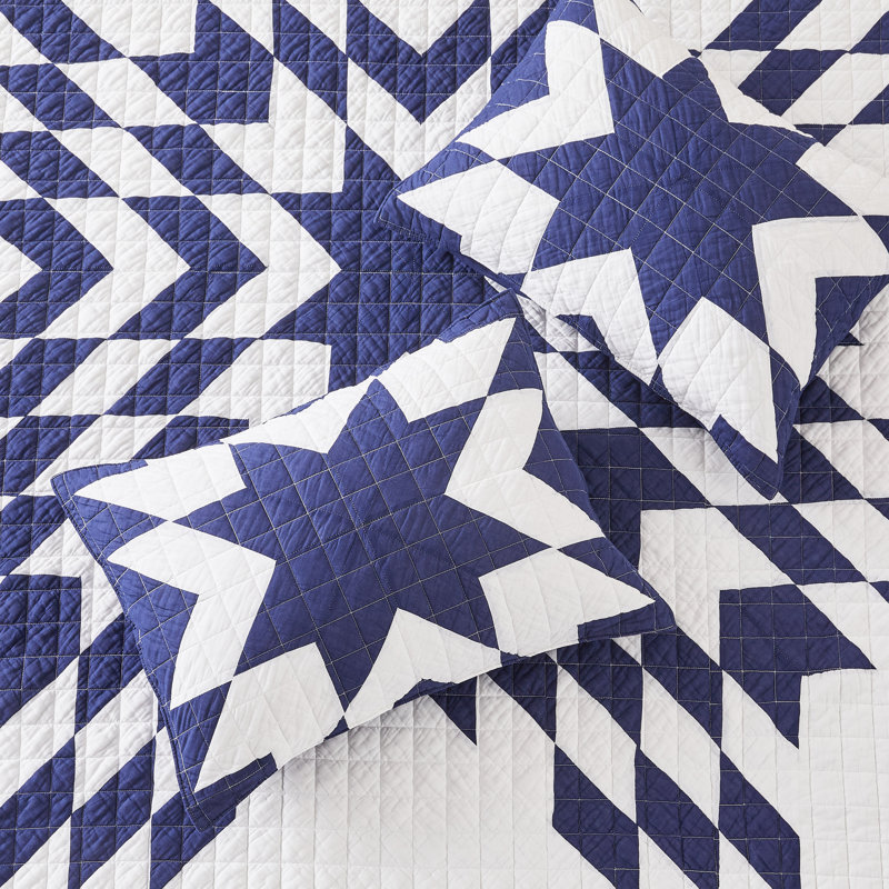  Star Patchwork Quilt Set, Blue, King Quilt  + 2 Shams