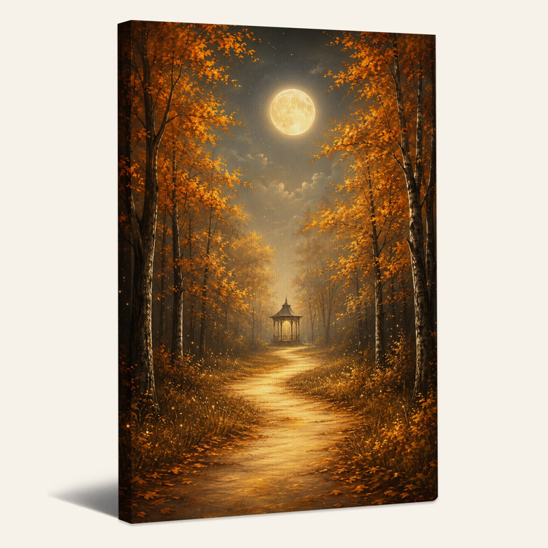 «Autumn Forest Path And Gazebo Under Full Moon Halloween», art mural sur toile, H 48 po x l 32 po