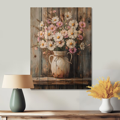 «Farm Daisies Bouquet Into A A Milk Vase I», reproduction sur bois de marguerites - sur bois de pin naturel