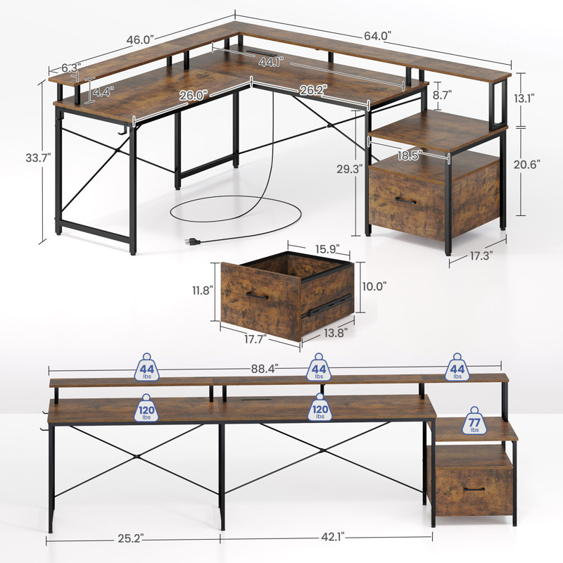 Bureau en L avec tiroir classeur, bureau d'ordinateur réversible avec prises de courant et lumières DEL, Brun
