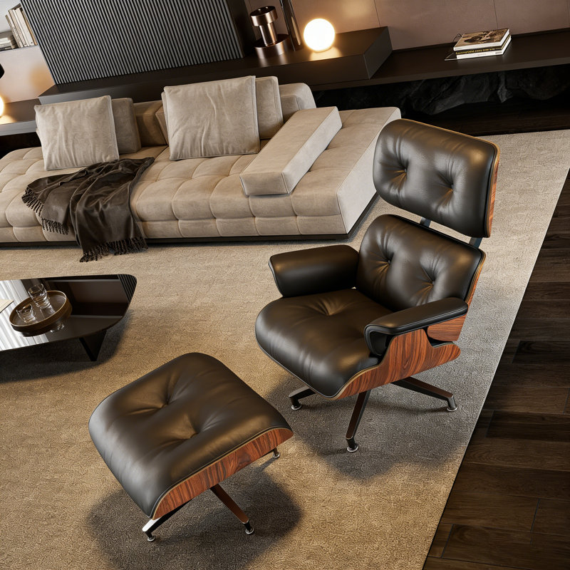 Mid Century Genuine Leather Lounge Chair With Ottoman, Solid Wood Frame, Strong Aluminum Legs, Memory Foam, Black/Rose Walnut