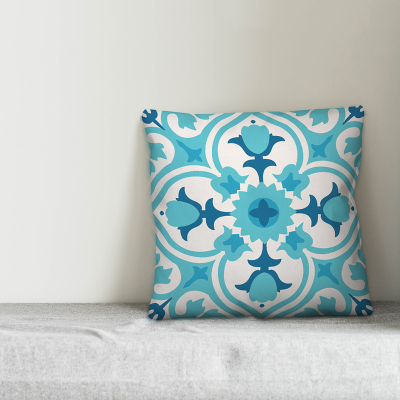  Coussin d'extérieur carré espagnol, 18 po x 18 po, Pas de bourre, Sarcelle / Bleu / Blanc
