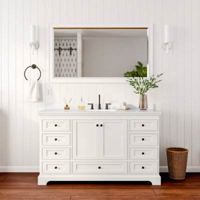 Meuble-lavabo simple 60 po Deborah en blanc, comptoir en marbre de culture de Carrare, lavabo carré encastré (3 trous), garniture noir mat, miroir 58 po