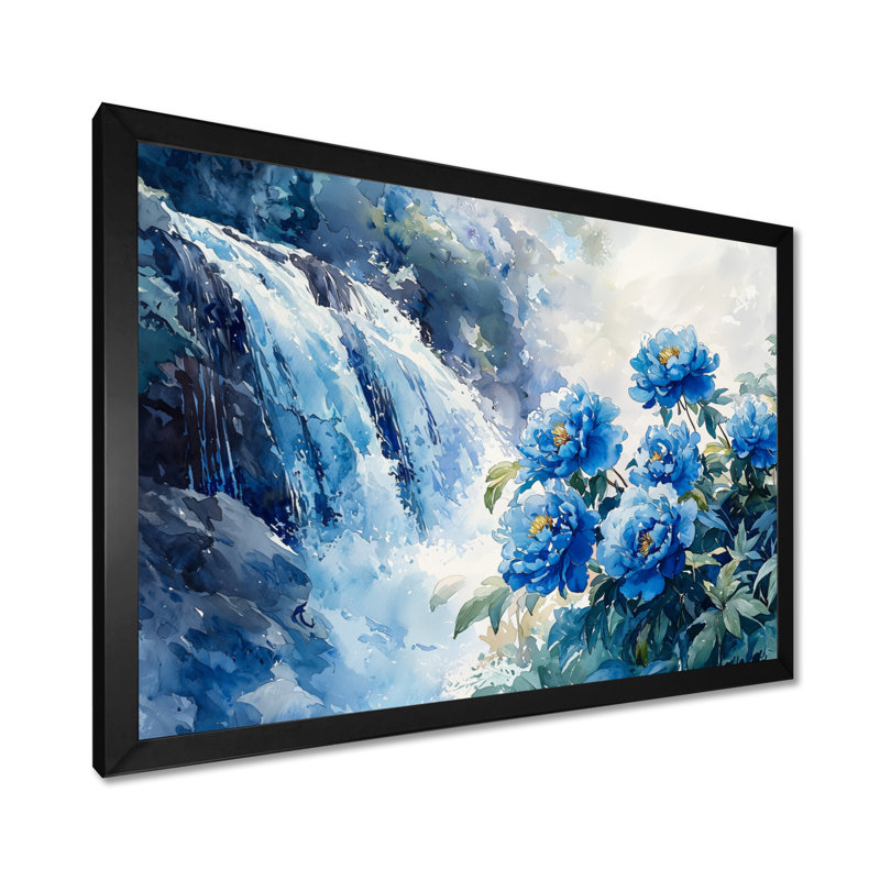 Pivoines par la chute d'eau I - Pivoines, reproduction sur toile, H 30 po x l 40 po, Noir