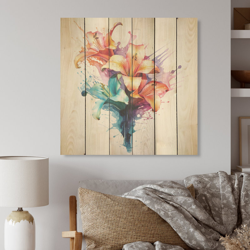 Aquarelle élégante lis pureté - lys, art mural sur bois de pin naturel, H 15 po x l 15 po