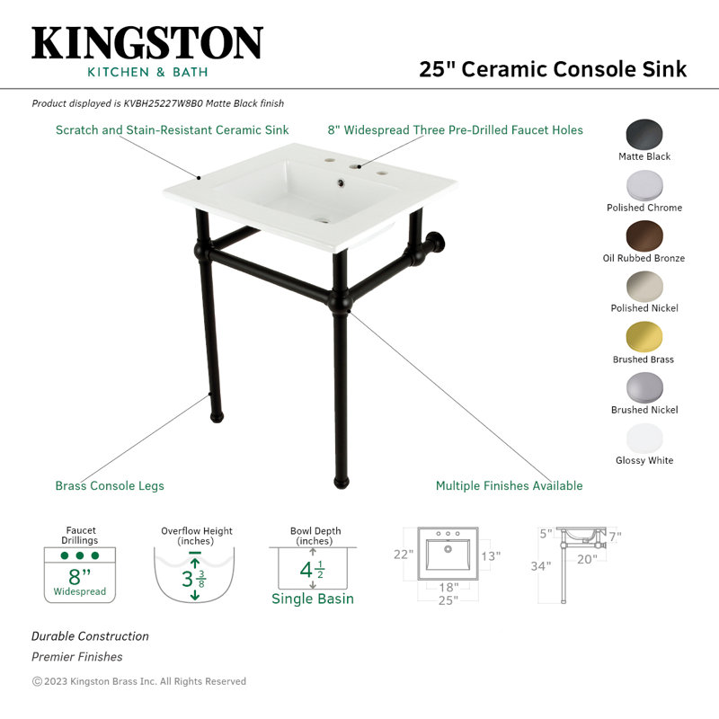 Kingston Brass Templeton 25-Inch Ceramic Console Sink with Brass Legs (8-Inch, 3-Hole), White/Brushed Brass