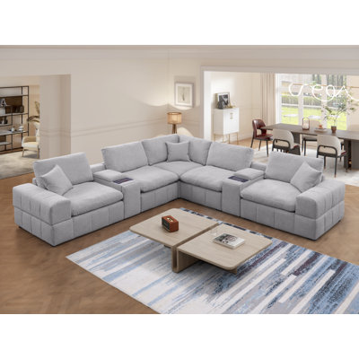 Upholstered Chenille 7 Piece Modular Sectional Sofa With Two Central Console, Wireless Charging & Storage & Cup Holders