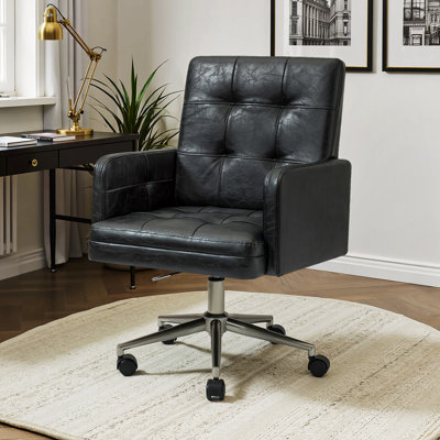 Auric Mid-Century Modern Leather Height-Adjustable Swivel Office Chair with Button Tufted Design