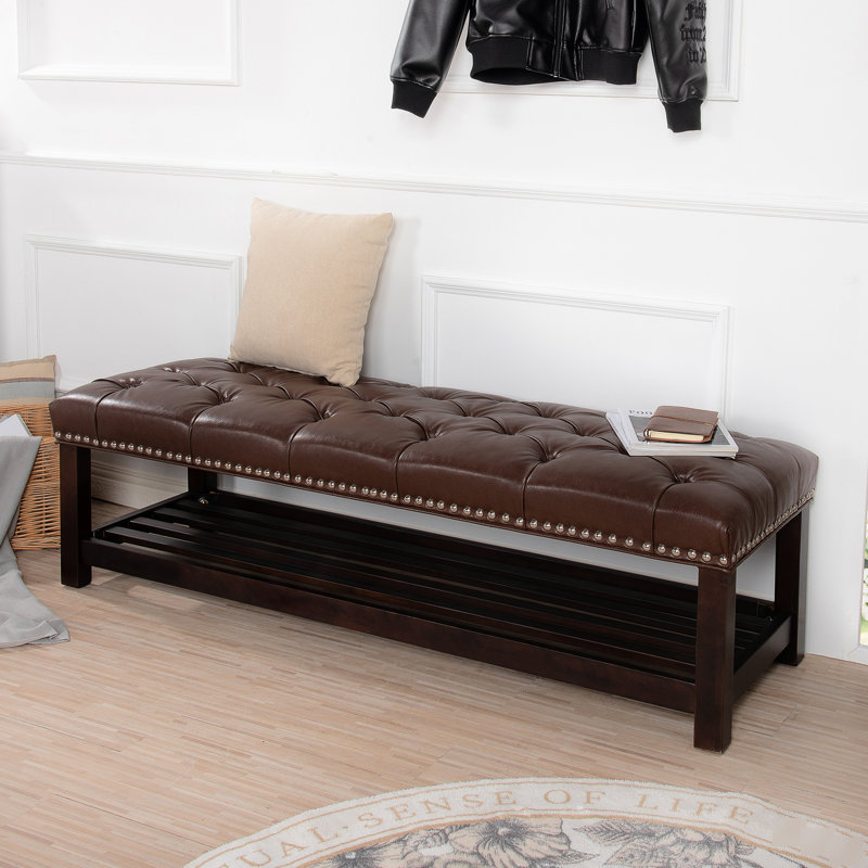 Banc de bout de lit avec garniture cloutée, largeur de 60 po, brun foncé, support de chambre à coucher en tissu d'ameublement Pu, banc en cuir rembourré, fabrication brun uni