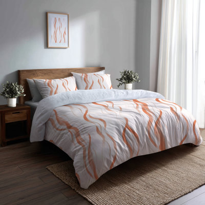 Modern Bedding Set Of 3 Pcs - Abstract Orange And White Terra Lines Duvet Cover And Throw Cushion Set