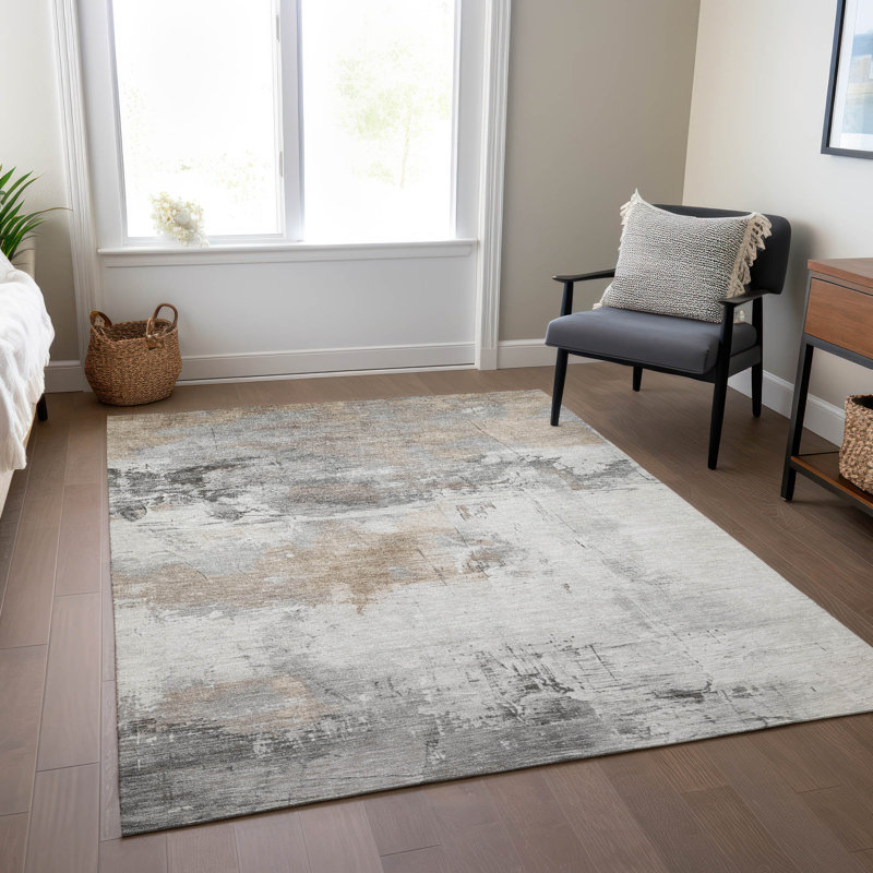 Ivory Abstract Synthetic 5' x 7' Washable Area Rug