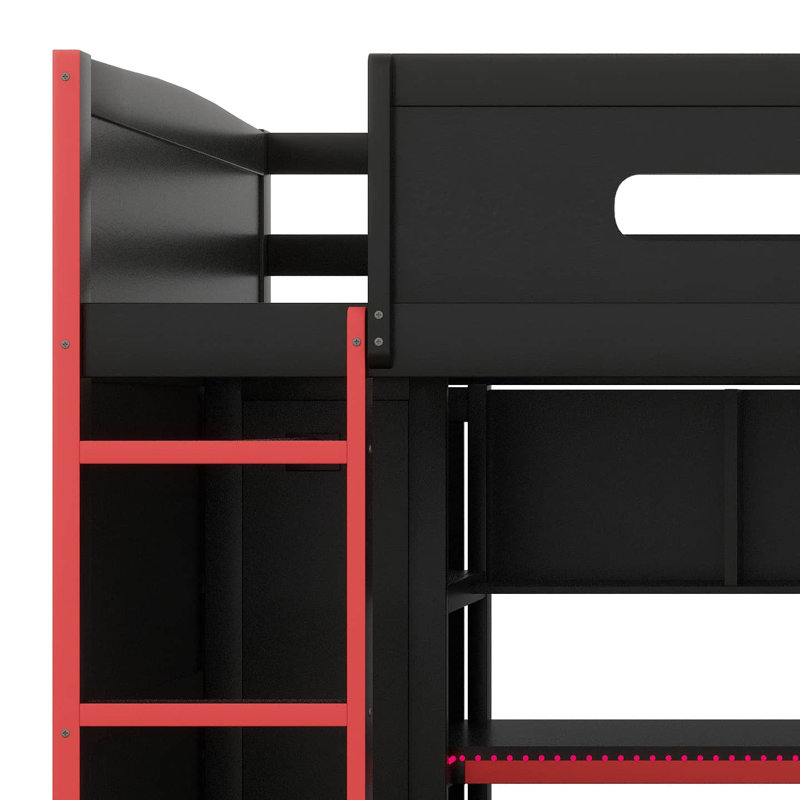 Full Size Wood Gaming Loft Bed With Built-In Desk, 2 Wardrobe, 2 Drawers, RGB LED Light And USB Port, Gamer-Inspired Design