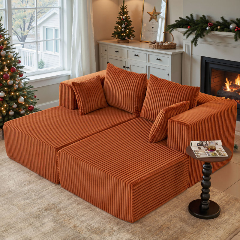 82.7" Sleeper Sofa With Dual Mattress,Corduroy Upholstered Cloud Sofa Bed with 4 Throw Pillows and Wide Armrest for Living Room, Apartment, No Assembly Required