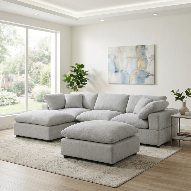 Canapé modulaire moelleux modulaire en chenille extra doux en forme de U avec repose-pieds et accoudoirs, Chenille gris pâle