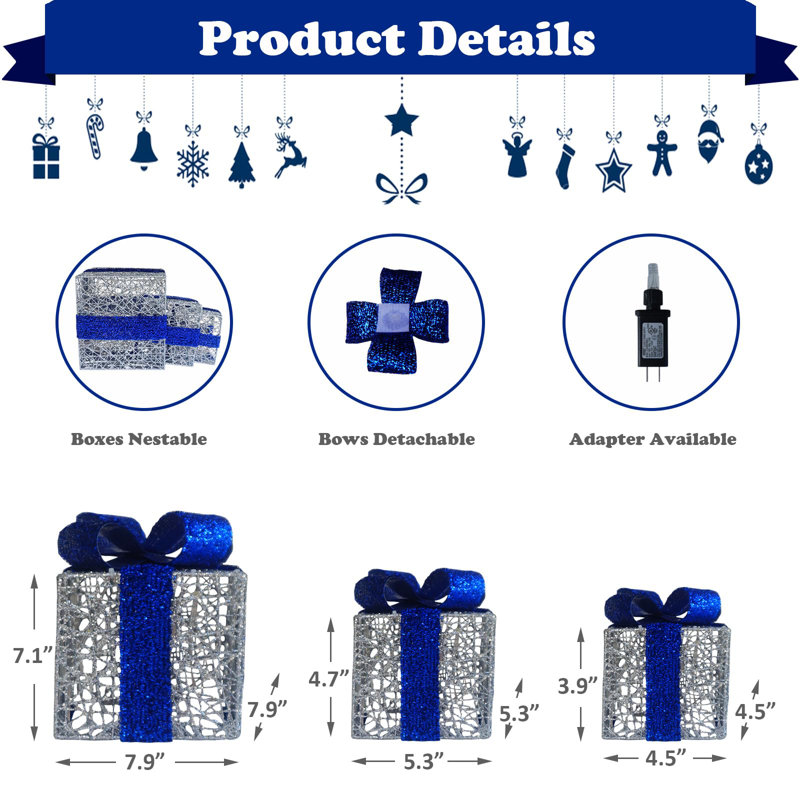 Lighted Gift Boxes Set of 3, Blue