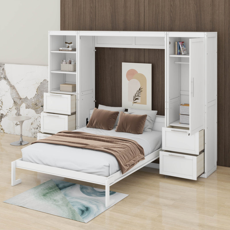 Grand lit escamotable avec tiroirs et tablettes, Blanc
