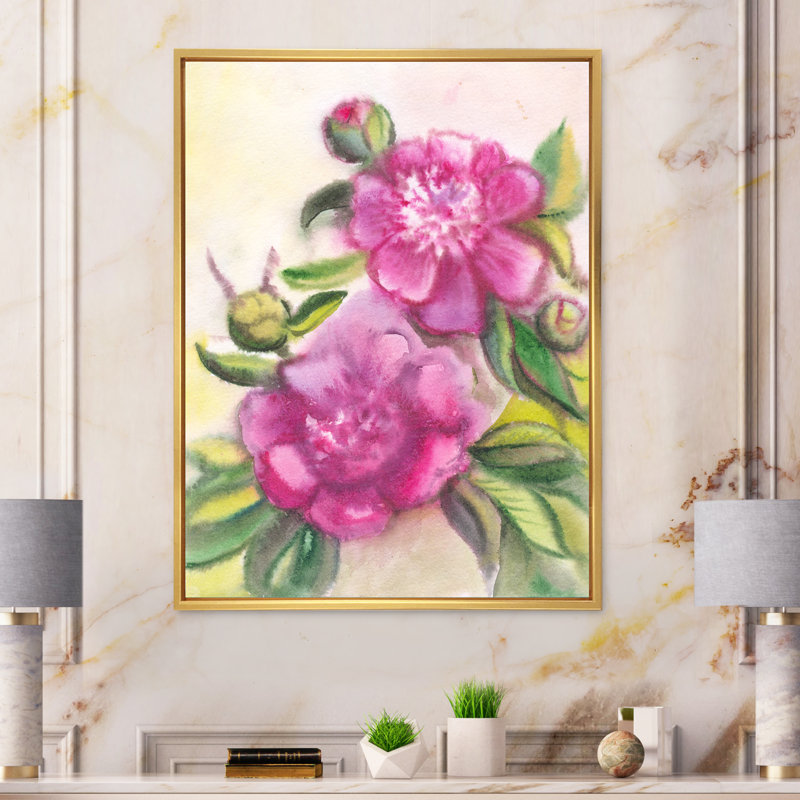 Violet pivoines en fleurs - art sur toile traditionnel, H 20 po x l 12 po x P 1,5 po, Toile avec cadre flottant or