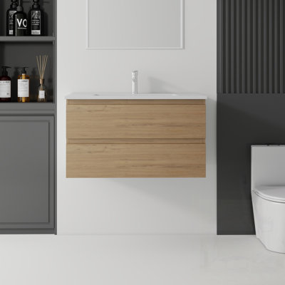 Meuble-lavabo flottant avec lavabo, tiroir à fermeture en douceur, lavabo en céramique, contreplaqué