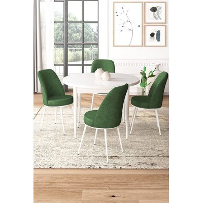 Modern 5-Piece Dining Table & Chairs Set, White & Khaki | 100% Melamine Coated Chipboard, Table: 35.4 x 29.5 x 35.4 inches | Chairs: 17.7 x 35.8 x 16.5 inches | Metal Legs, Soft Jerry Fabric, Comfortable Foam Seating