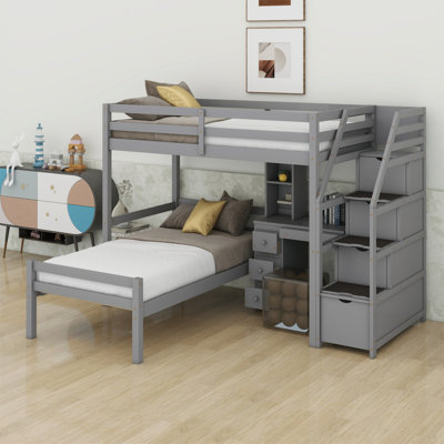 Loft Bed With A Stand-Alone Bed, Storage Staircase, Desk, Shelves And Drawers