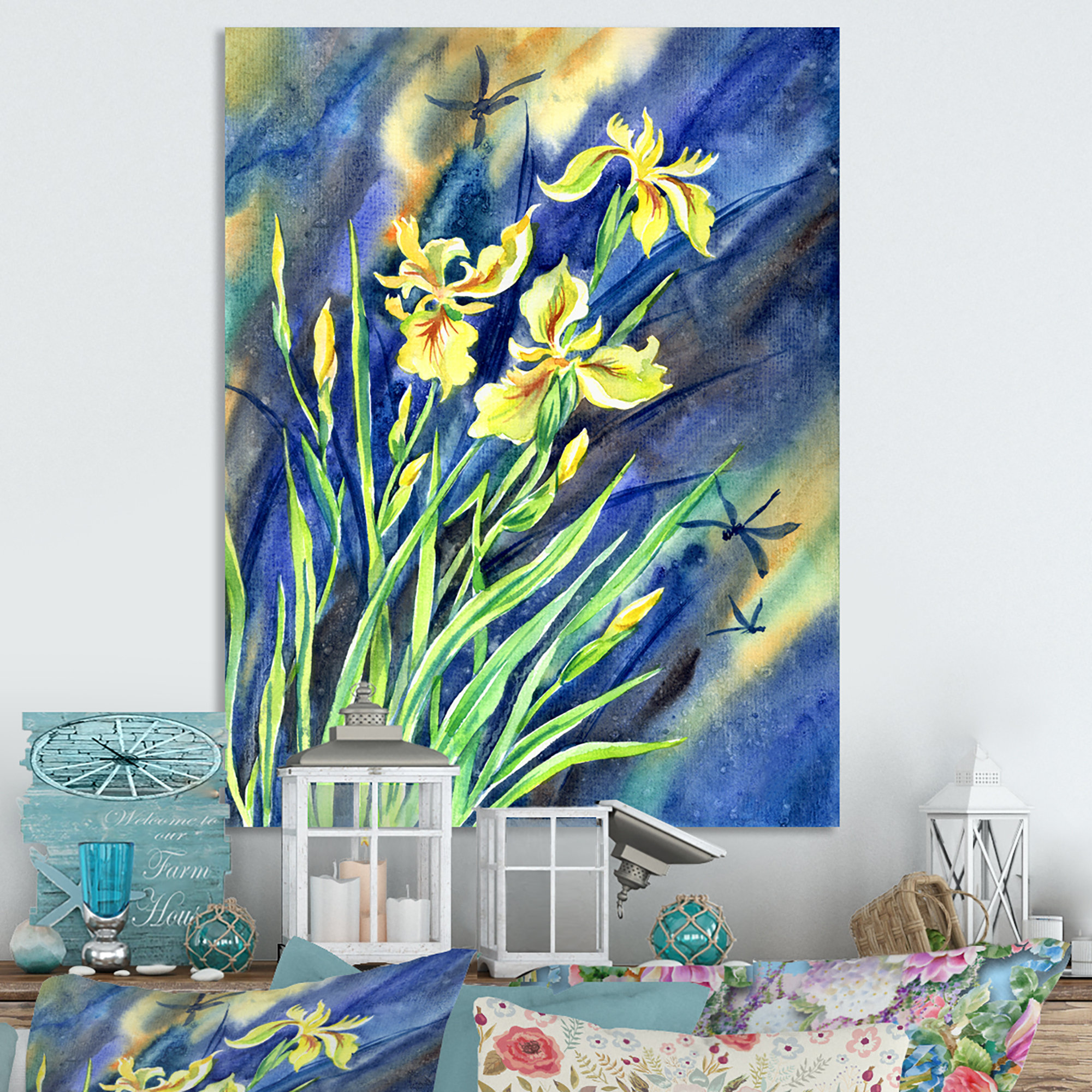 Winston Porter Abstract Yellow Irises Dragonflies Flowers - Traditional ...