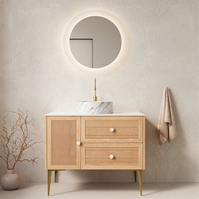 Meuble-lavabo de 36 po avec lavabo, armoire de rangement autoportante en contreplaqué avec 4 pieds en métal, porte et 2 tiroirs, lavabo en céramique blanche avec motif de pierre, sans robinet, chêne pré-assemblé