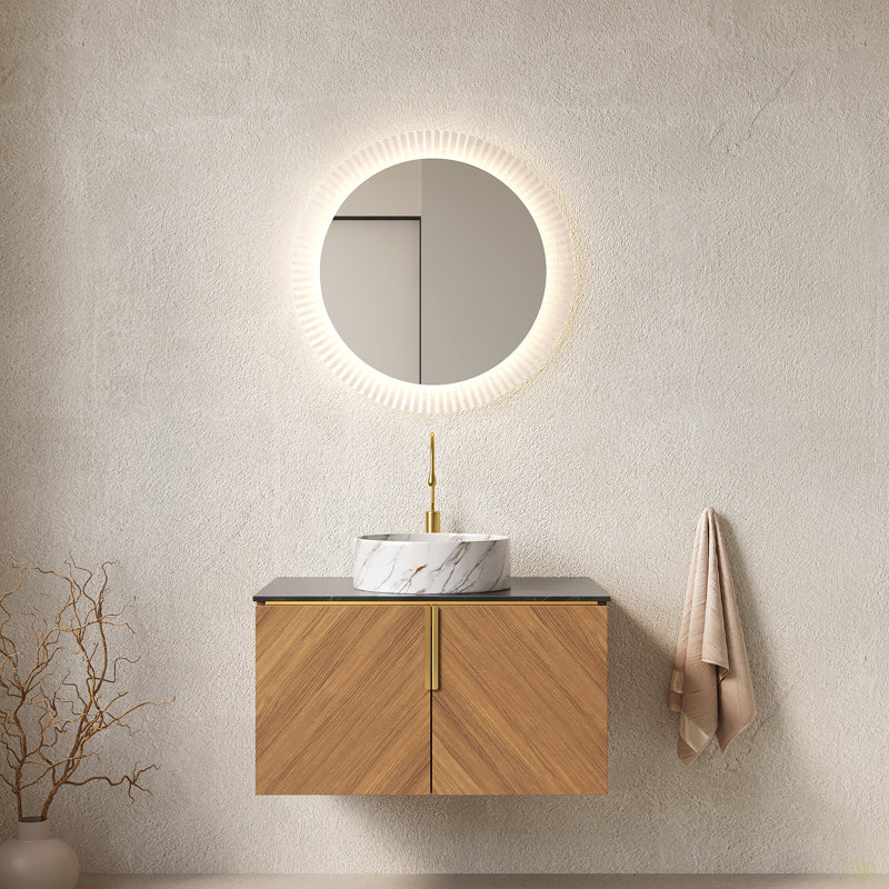 Meuble-lavabo 30 po avec lavabo, meuble de rangement mural moderne en contreplaqué avec 2 portes, comptoir et lavabo rond en céramique avec motif de pierre