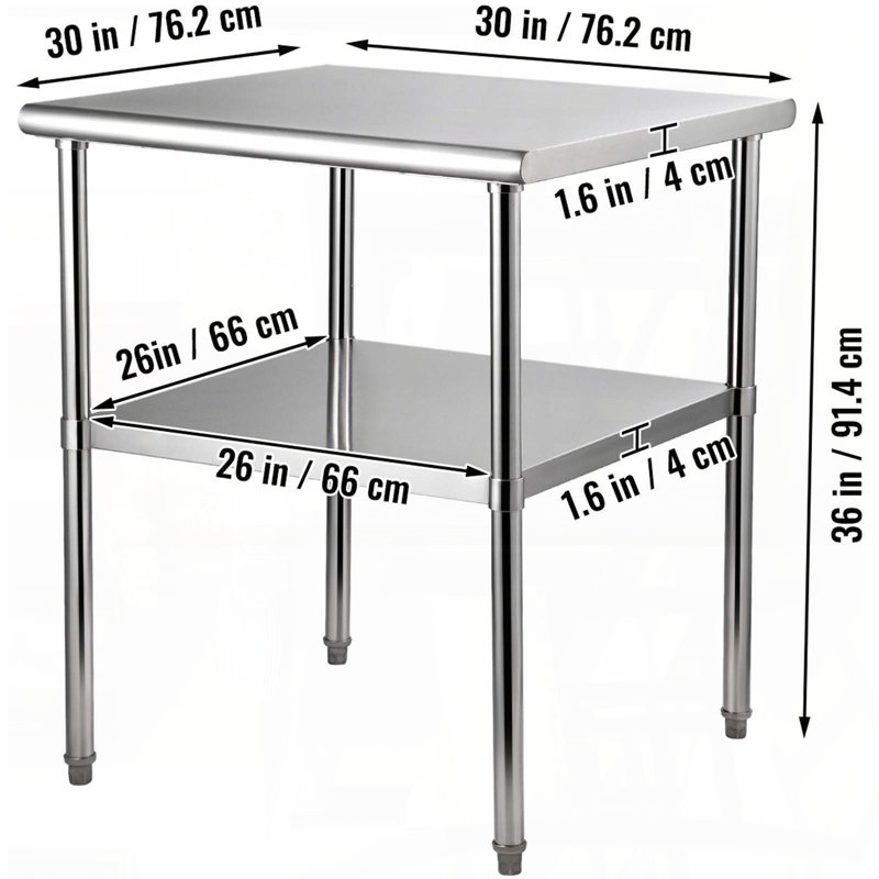 Table de préparation en acier inoxydable avec tablette réglable (30 po x 30 po, capacité de 800 lb)