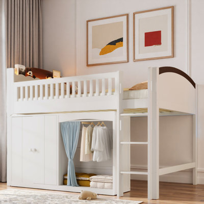 Lit mezzanine avec armoire de rangement, garde-robe et DEL