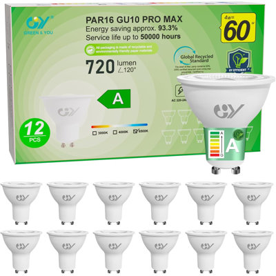 GY GU10 4W Class A Ultra Energy Efficient LED Bulb 6500K Cool White,720LM Energy Saving Equivalent 60W,110 ° Light Angle,Non-Dimmable,Pack of 12