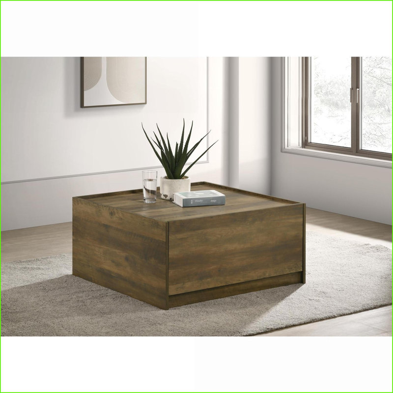 Table basse moderne à finition chêne pour salon, 2 tiroirs, rebord surélevé
