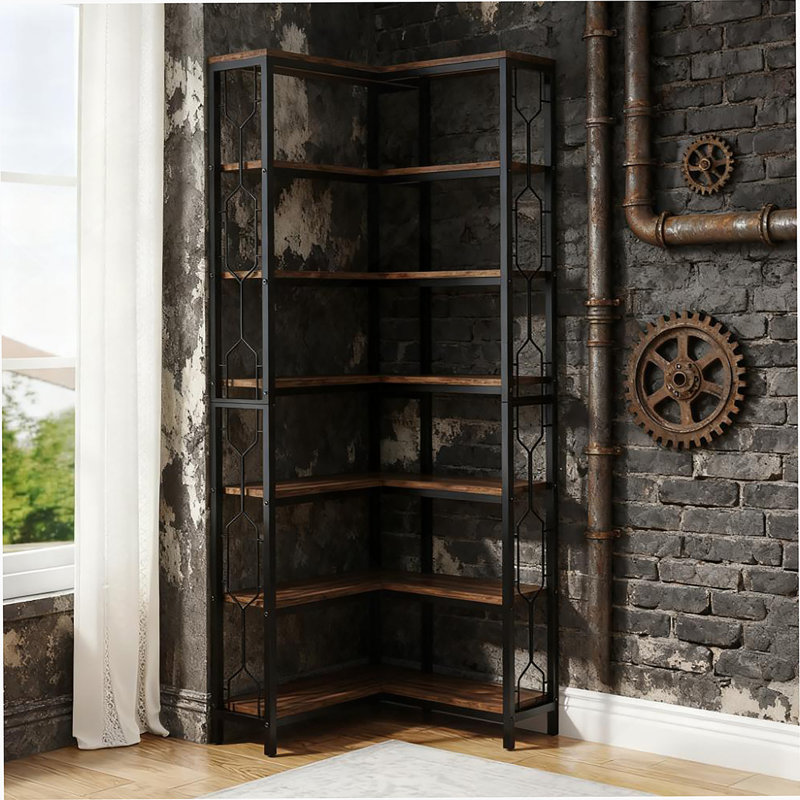 78.7-Inch Tall 7-Tier Industrial Corner Bookshelf With Smart Space-Saving Design And Heavy-Duty Storage Capacity.