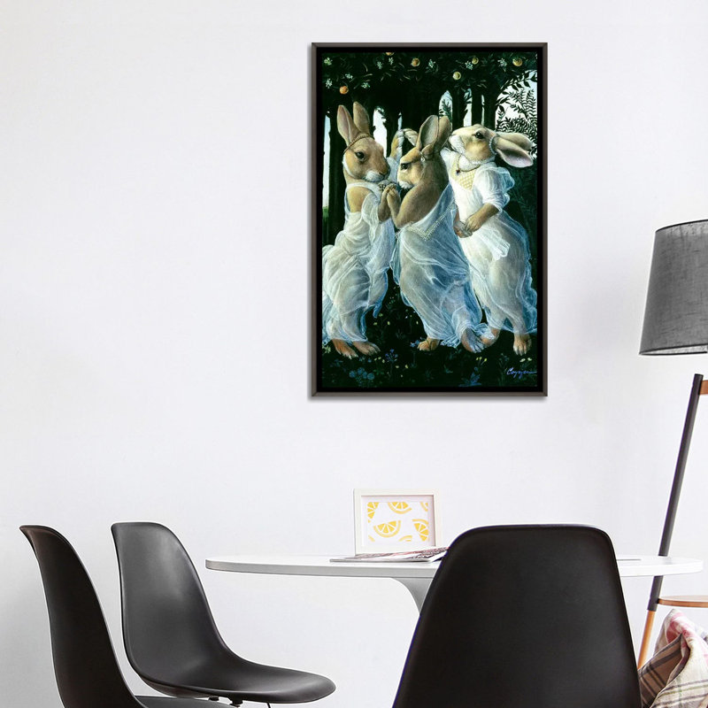 « Bunny graces » par Melinda Copper-impression d’art graphique, H 40 po x l 26 po x P 1,5 po, Toile avec cadre noir patiné