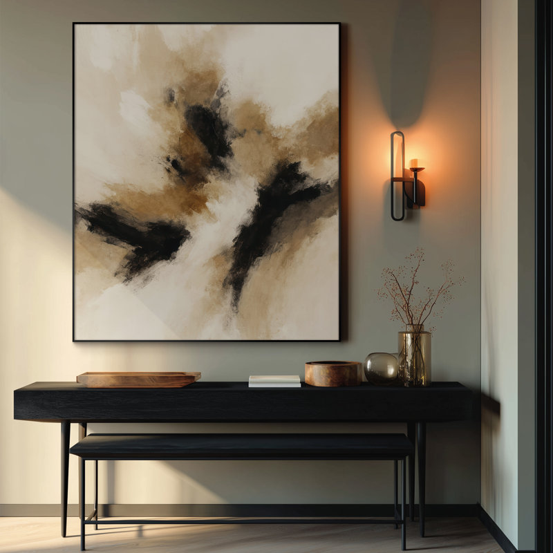 Très grand art mural imprimé sur tissu - Chaleur neutre, dynamique et noire, motifs abstraits pour la décoration de salon ou de chambre à coucher - «Assemblage requis du cadre (cadre non fini)»