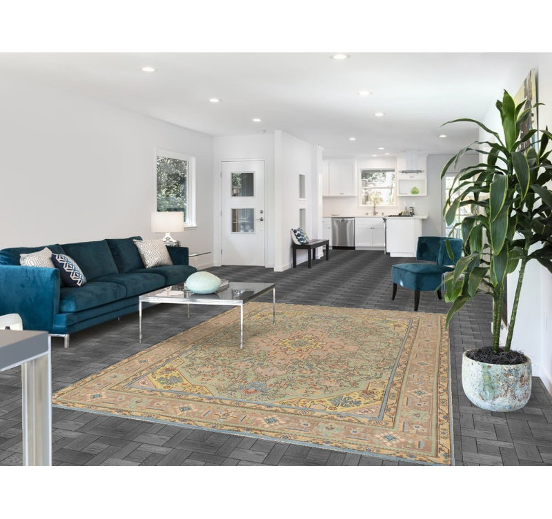 Tapis traditionnel rétro en laine vert 6 x 9