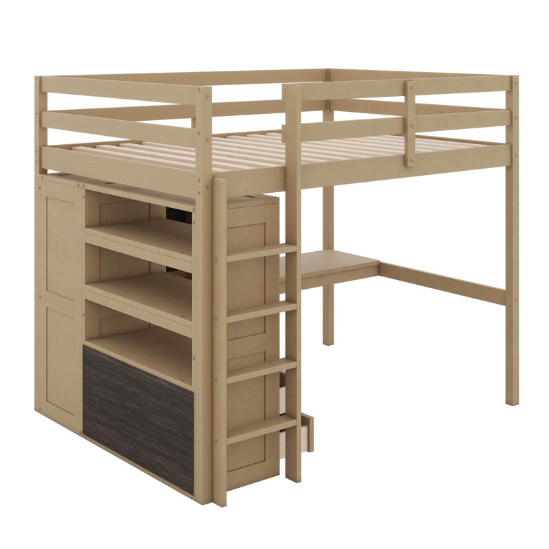 Lit mezzanine double avec garde-robe intégrée, bureau, tablettes et tiroirs de rangement, structure de lit mezzanine en bois massif
