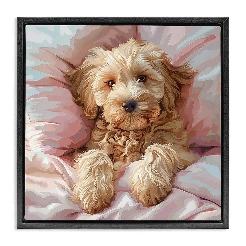  «Cuddling Labradoodle Bed», art mural par Jim Baldwin, H 25 po x l 25 po, Cadre flottant noir de jais