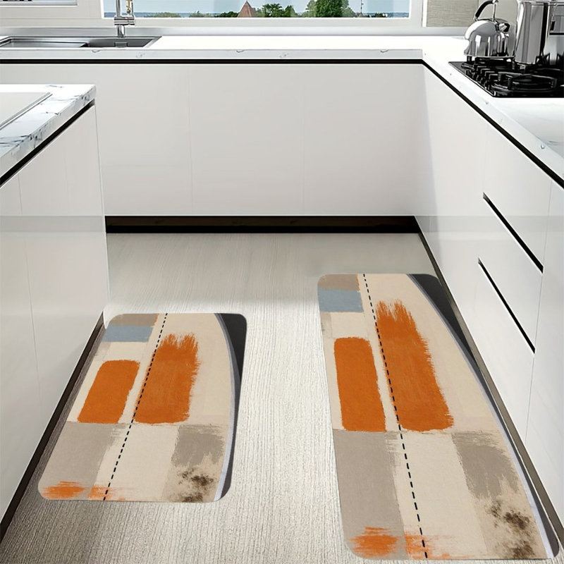 Tapis de cuisine antidérapants à blocs abstraits modernes, 2 pièces, Orange / beige / gris abstrait