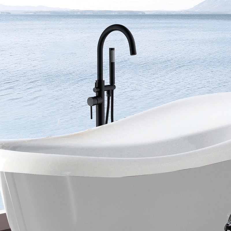 Robinet de baignoire autoportant noir mat avec douche à main, construction solide