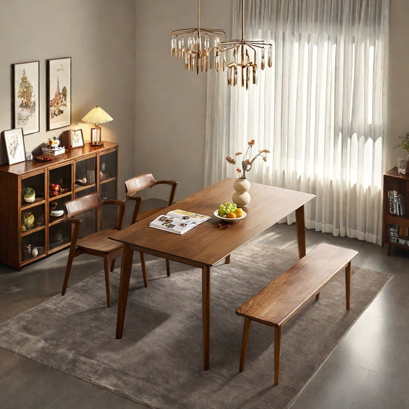 Simple Rectangular Black Walnut Dining Table Set, 29.52" H x 62.99" L x 31.49" W