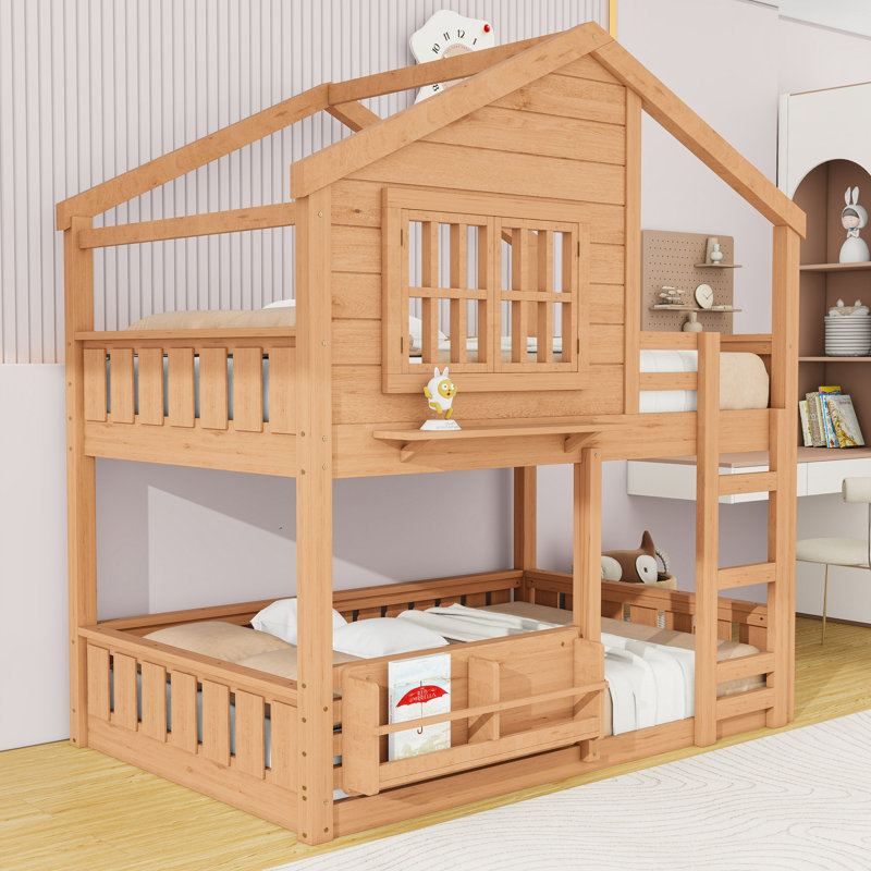 Lit superposé Wood House avec espace de jeu et rangement, échelle, Lit superposé double sur double