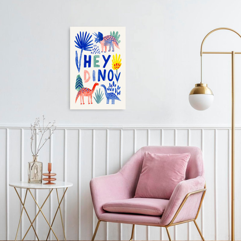 Hey Dino Playful Friends Colorful Playful Tropical Wall Art Print 1 Piece Wrapped Canvas Wall Art, 60.96cm H x 40.64cm W