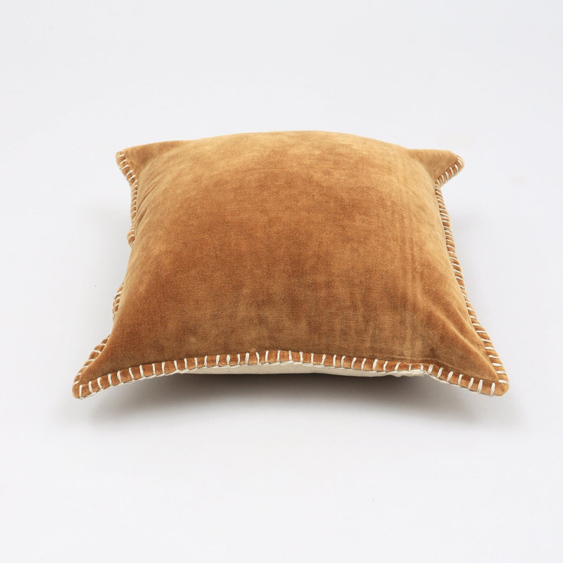Throw Pillow | Stonewashed Cotton Velvet Throw Pillow with Decorative Handstitched Edges-18X18", Camel