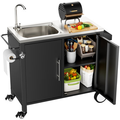 Station d’extérieur pour chariot de barbecue, 38 po x 18 po, 35 po, conception polyvalente, fabriquée en acier inoxydable 304, avec ouvre-bouteille et rangement pour table à outils de barbecue, roues verrouillables, espace spacieux