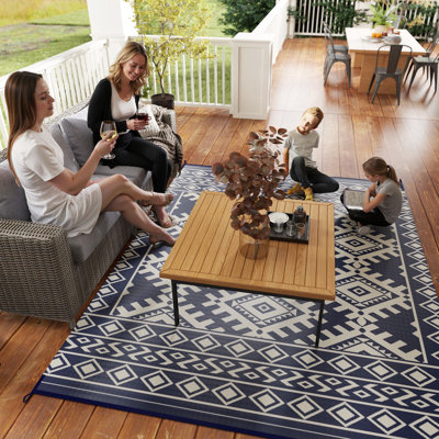 Tapis d'extérieur réversible, tapis de sol en paille de plastique imperméable, tapis de camping portatif pour camping-car, grand tapis de jardin, terrasse, pique-nique, plage, bordure losange bleue et blanche