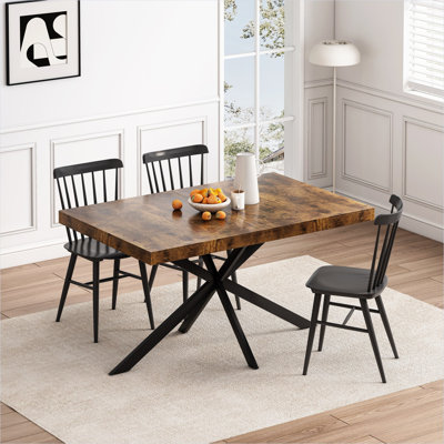 Table de salle à manger de 70,87 pouces à rallonge rectangulaire pour 6 à 8 personnes, plateau en bois antique avec pieds en croix noir de jais, panneau de fibres à densité moyenne et métal, style rétro