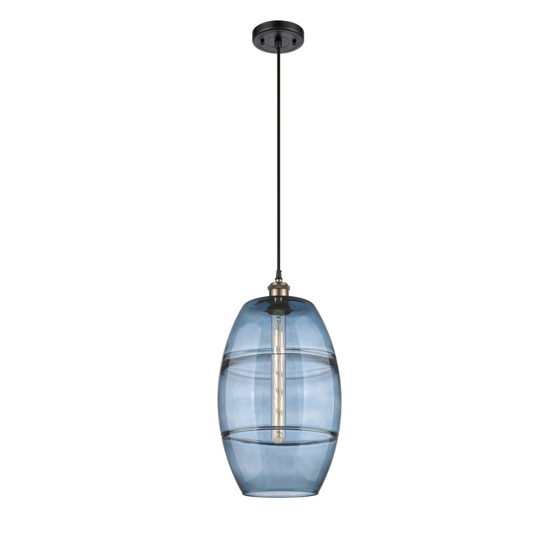 Luminaire suspendu à 1 lumière Ballston Bettylou, H 18,5 po x l 10 po x P 10 po, Bleu princesse, Laiton antique noir
