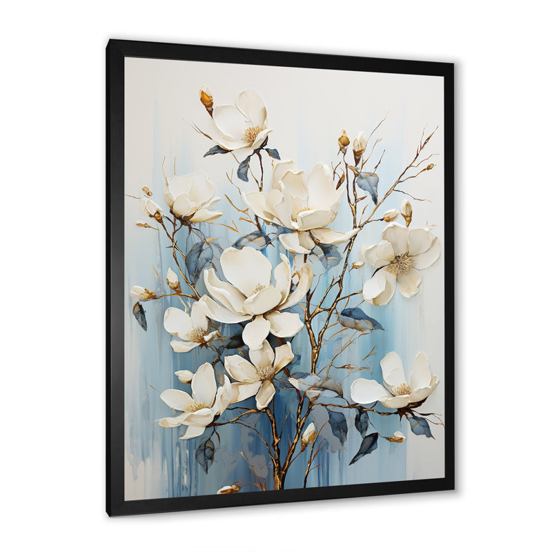 «White and Blue Magnolia Blossom Beauty II», reproduction sur toile, Cadre simple noir, H 32 po x l 16 po x P 1 po
