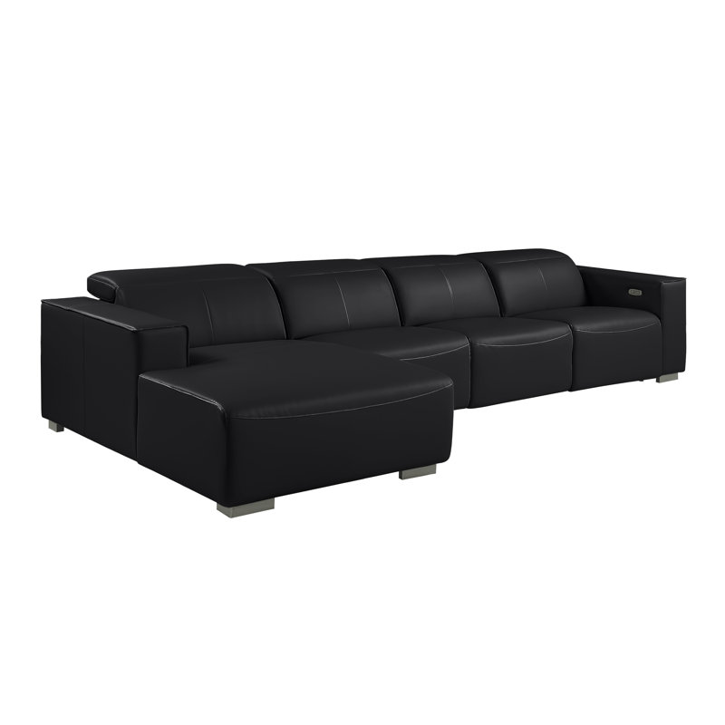 Canapé modulaire en forme de L en cuir véritable 4 pièces NOIR avec 1 fauteuil inclinable électrique et appuis-tête réglables NOIR