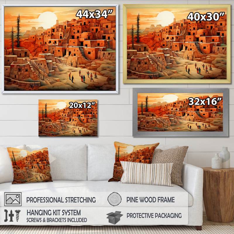 Native Glorious City Landscape - Native American Art, reproduction d'art encadrée, Cadre simple noir